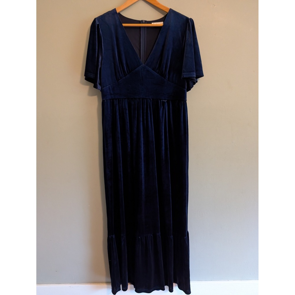 In Loom Navy Blue Velvet V-Neck Maxi Dress Empire Waist Flutter Sleeve Tiered